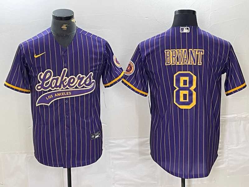 Mens Los Angeles Lakers #8 Kobe Bryant Purple Pinstripe Cool Base Stitched Baseball Jersey->los angeles lakers->NBA Jersey